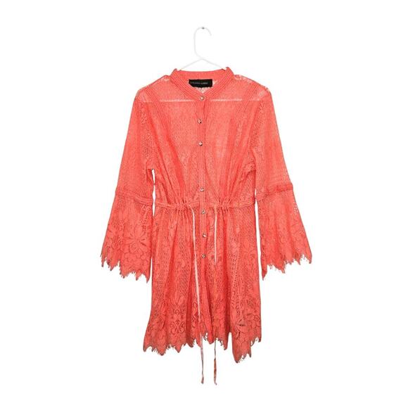 Coral Orange Lace Crochet Cover-up Kimono Tie Waist Button Front Long Sleeve XL - Picture 3 of 10